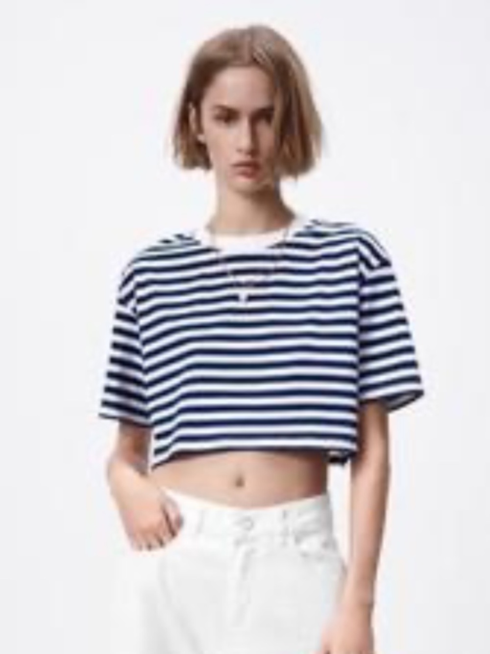 Zara Striped Crop Blue and White T-Shirt Size S